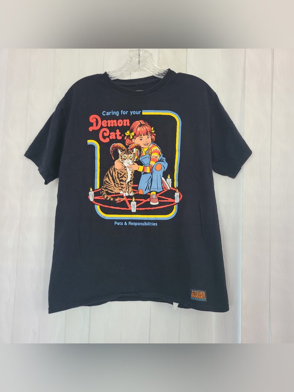 Steven Rhodes Sz XS Black "Caring For Your Demon Cat" Casual Graphic T Shirt